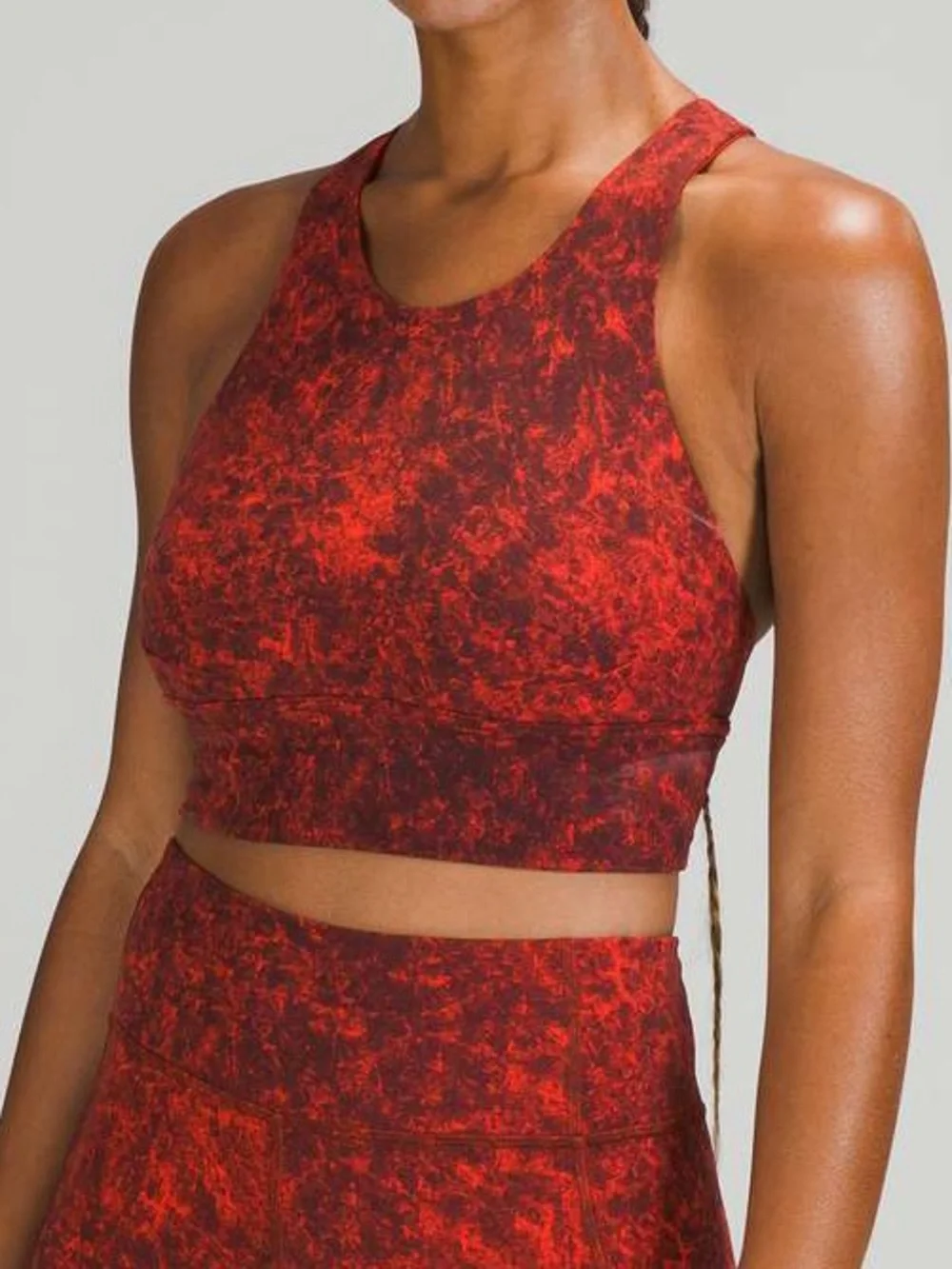 8 Lululemon Wunder Train Longline Bra, C/D Cup Denim Wash Print Autumn Red Black